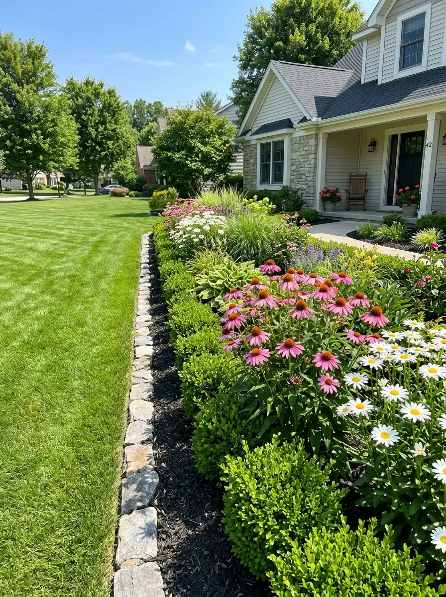 Front yard garden bed with width proportional to adjacent lawn using golden ratio landscaping principles
