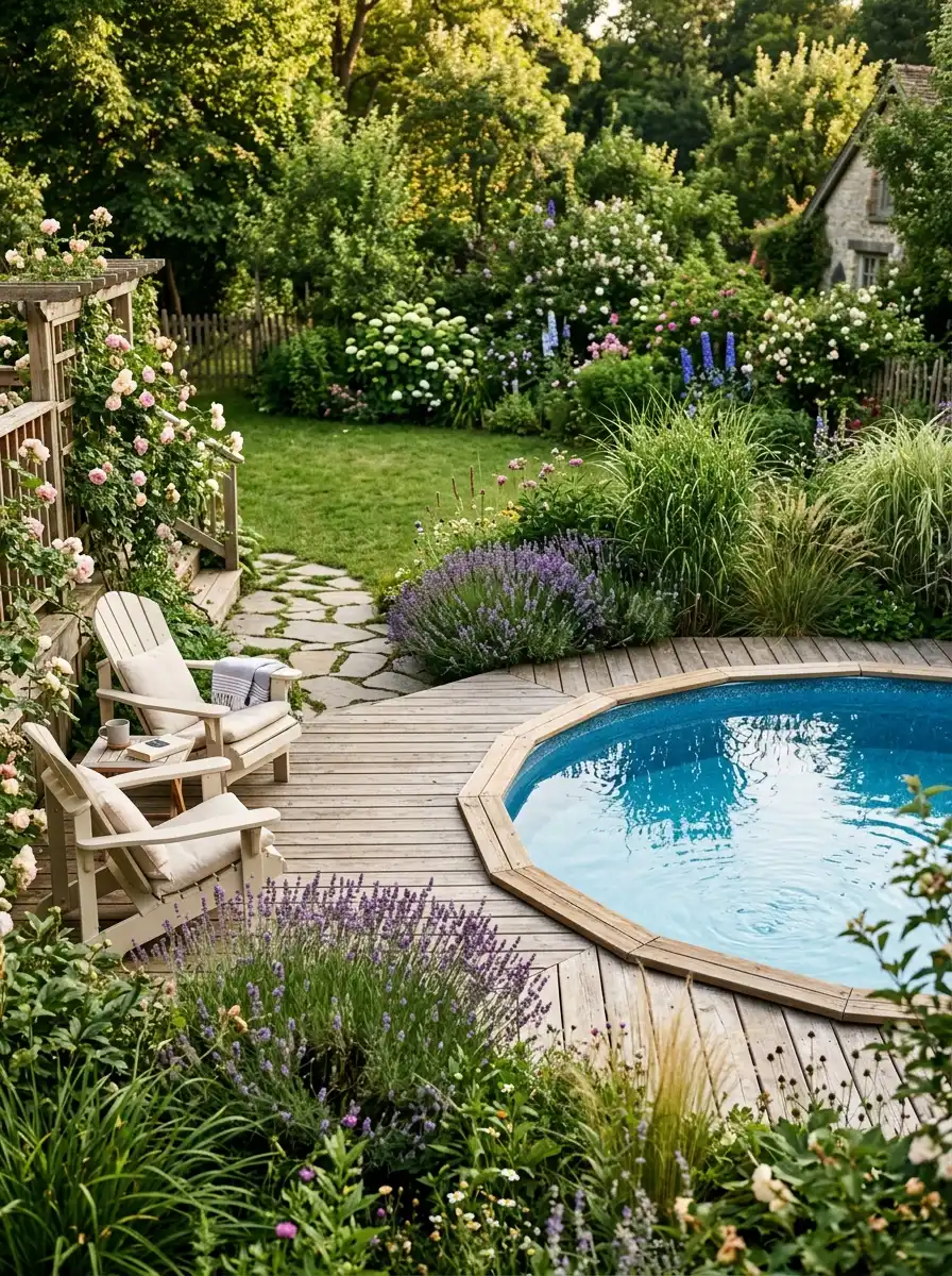21 Amazing Above Ground Pool Deck Ideas That Go Beyond the Basic Deck With Style, Comfort, and Function 21 Above ground pool deck with natural wood boards, lavender border, climbing roses, stone pathway, and cream chairs in a lush garden backyard