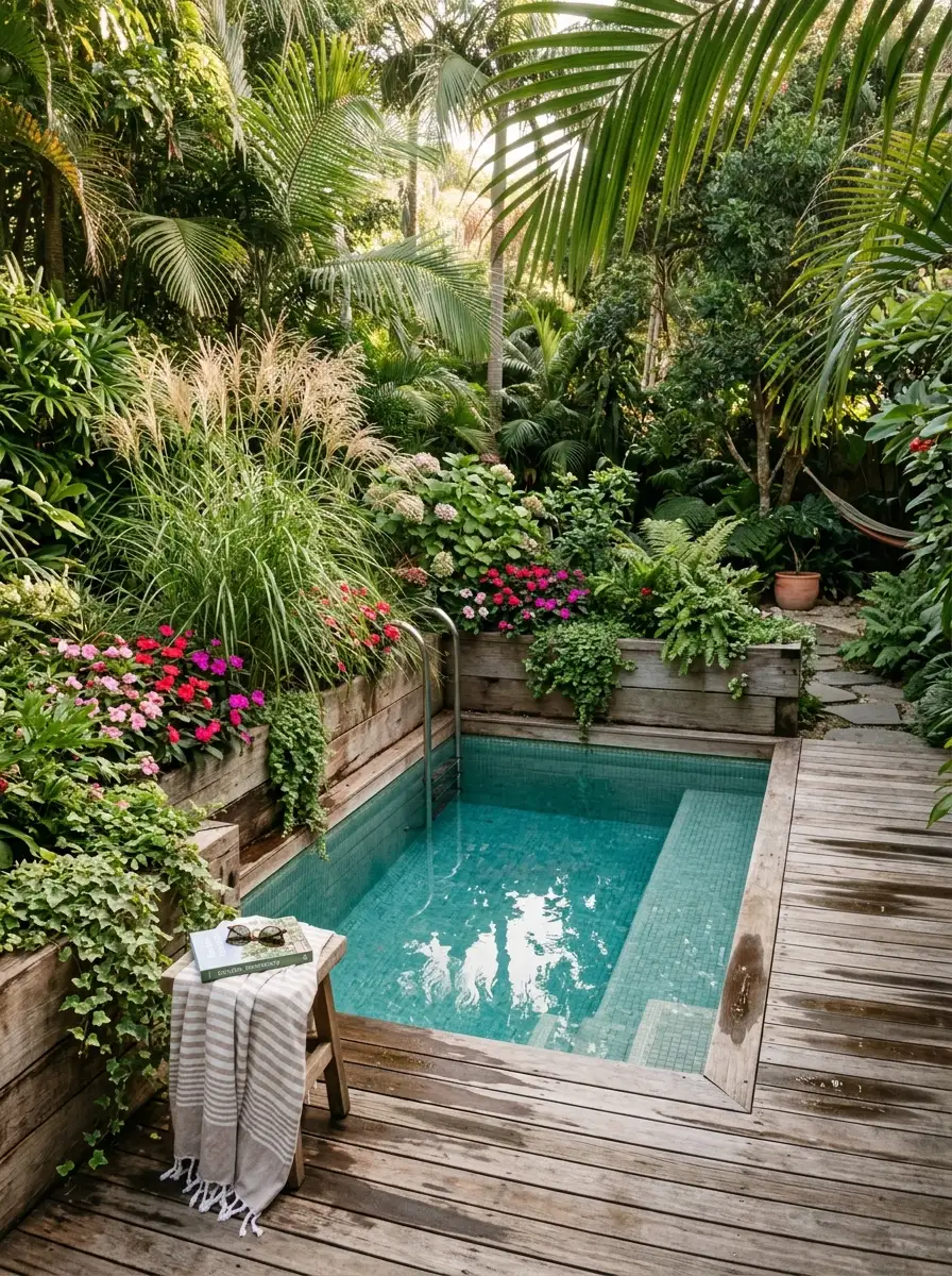 19 Brilliant Small Pool Design Ideas That Make Compact Backyards Feel Like a Private Luxury Resort 14 Small pool design set within a lush garden surrounded by raised timber planters with ornamental grasses, impatiens, and warm teak decking