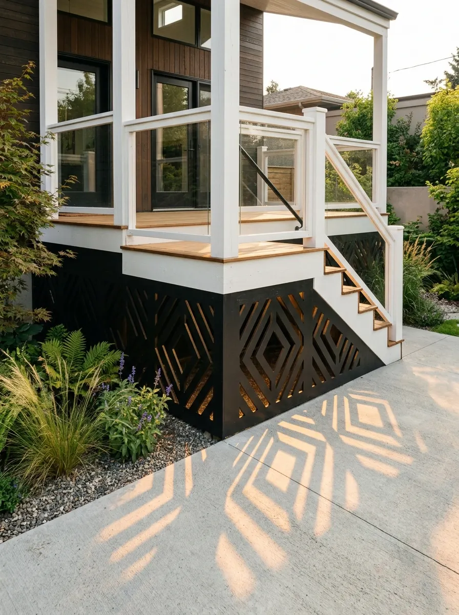 Black painted plywood deck skirting with bold geometric diamond cutouts casting shadow patterns on concrete in a contemporary backyard