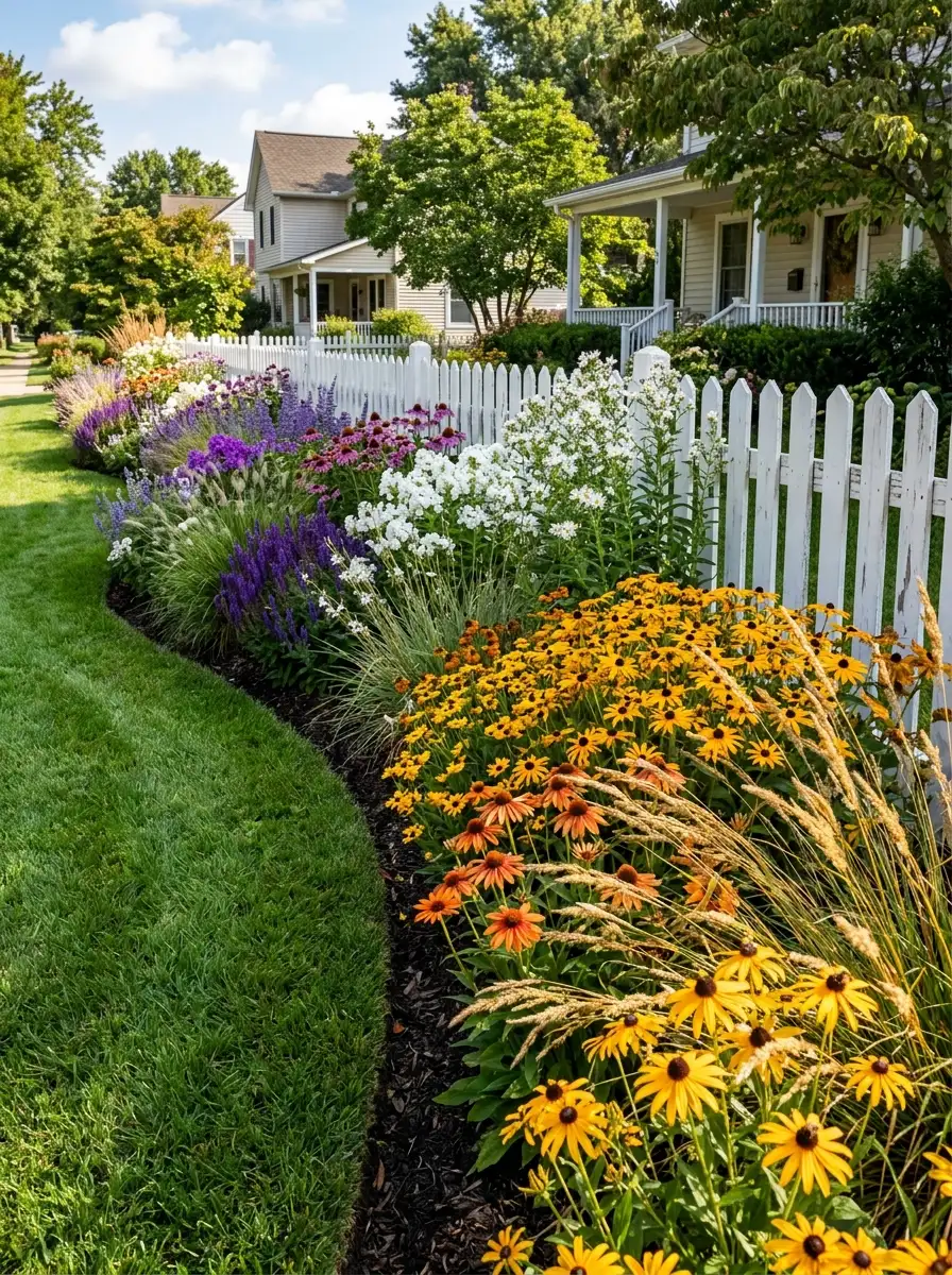Long perennial ribbon border in front yard with two-thirds cool tones and one-third warm tones in golden ratio color proportion