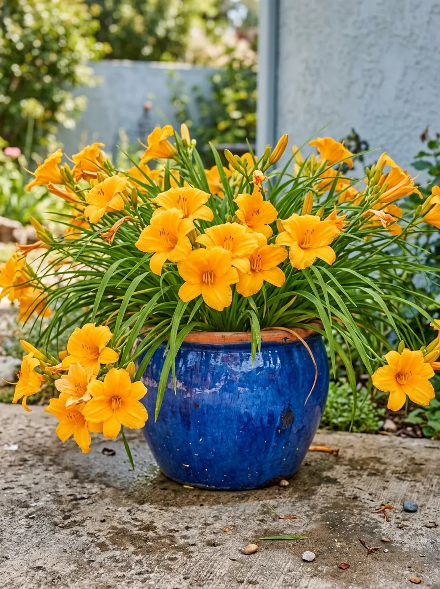 17 Full Sun Perennials for Low-Maintenance Container Gardens That Thrive With Minimal Care 4 Bright golden-orange daylily blooms spilling over a large glazed blue ceramic pot on a sunny concrete patio in summer