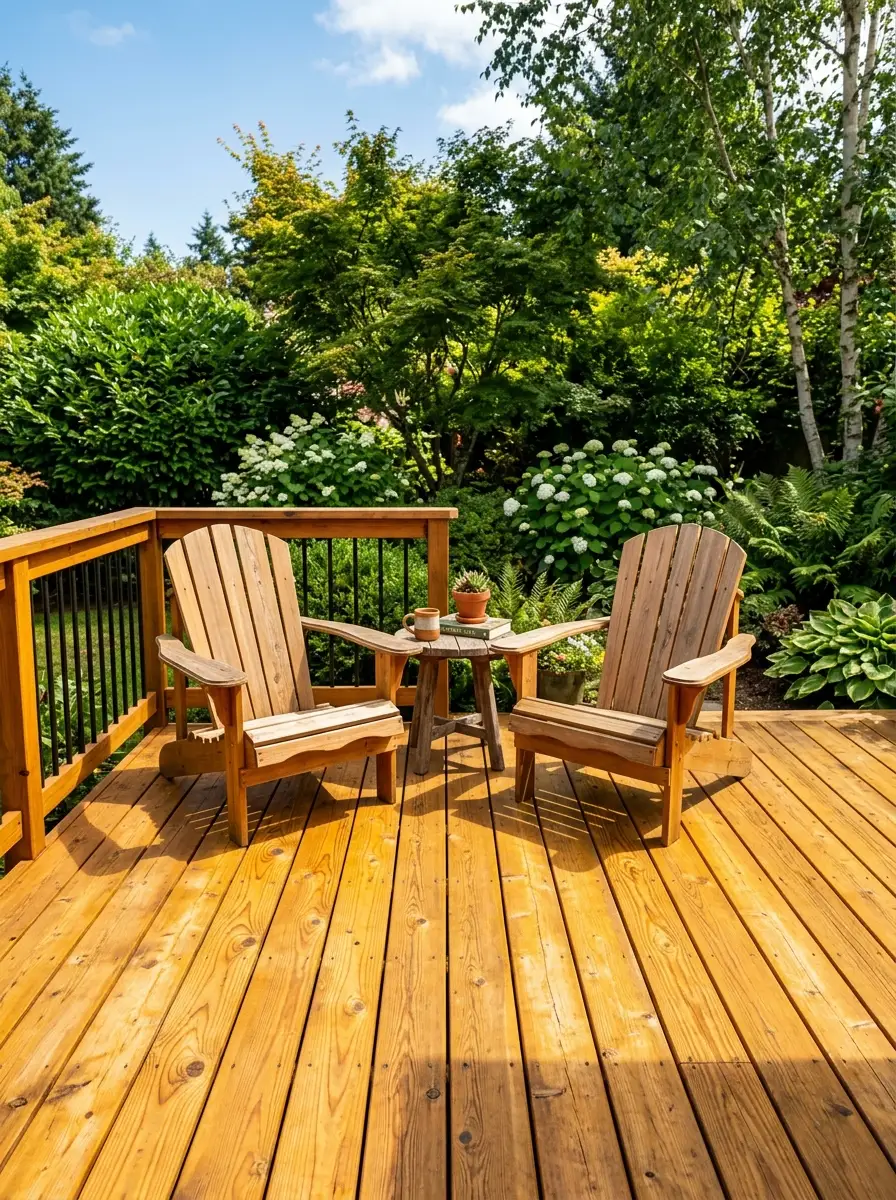 Douglas fir deck stained in golden honey tone enhancing warm grain patterns for cheerful deck stain color ideas