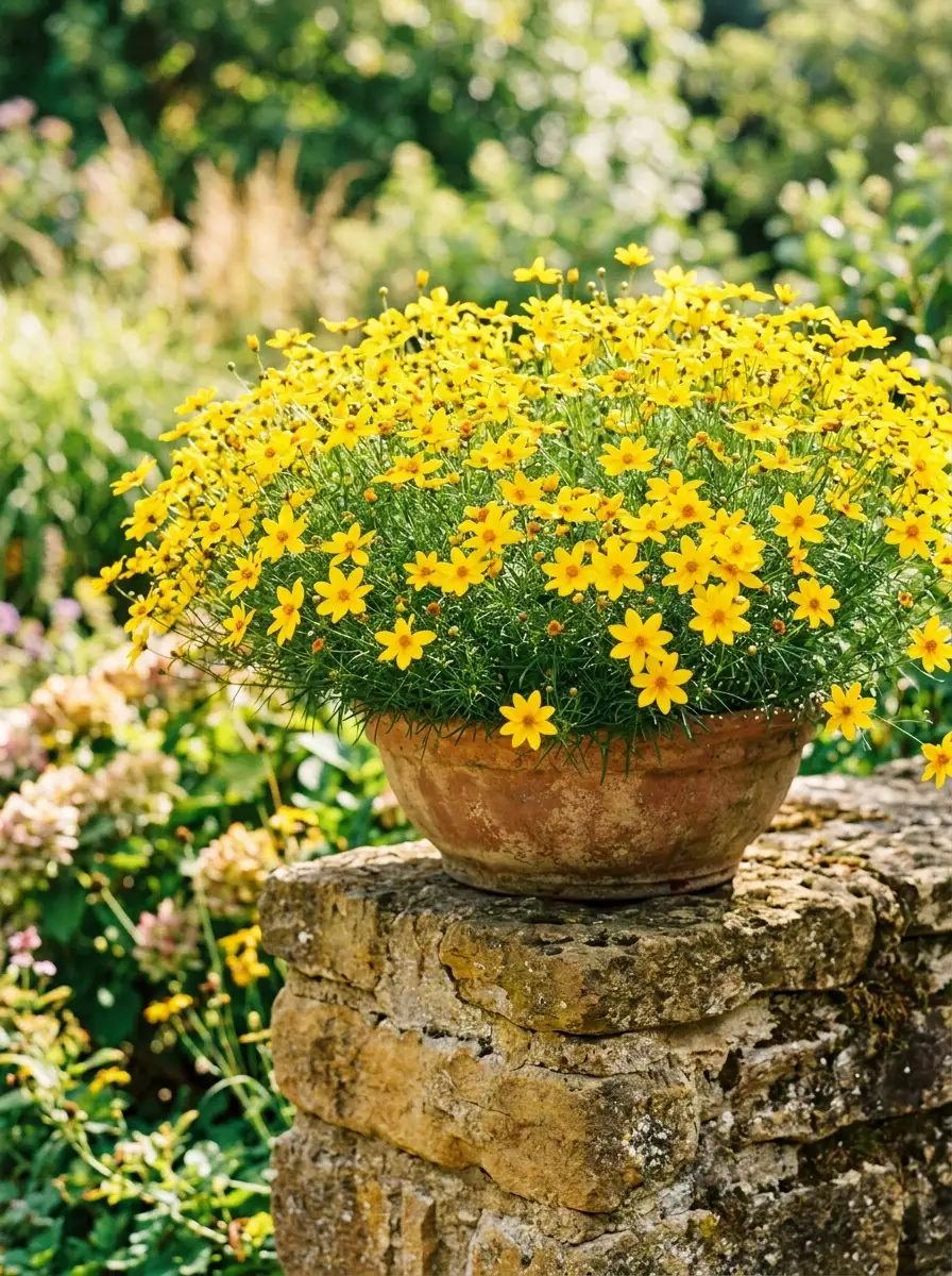 17 Full Sun Perennials for Low-Maintenance Container Gardens That Thrive With Minimal Care 14 Masses of bright golden coreopsis threadleaf flowers covering a wide low-profile terracotta container on a sun-warmed stone garden wall