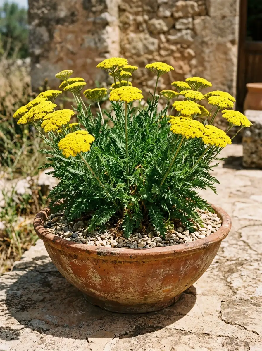 17 Full Sun Perennials for Low-Maintenance Container Gardens That Thrive With Minimal Care 7 Golden yellow yarrow with flat-topped flower clusters and feathery foliage growing in a wide terracotta bowl on a stone terrace