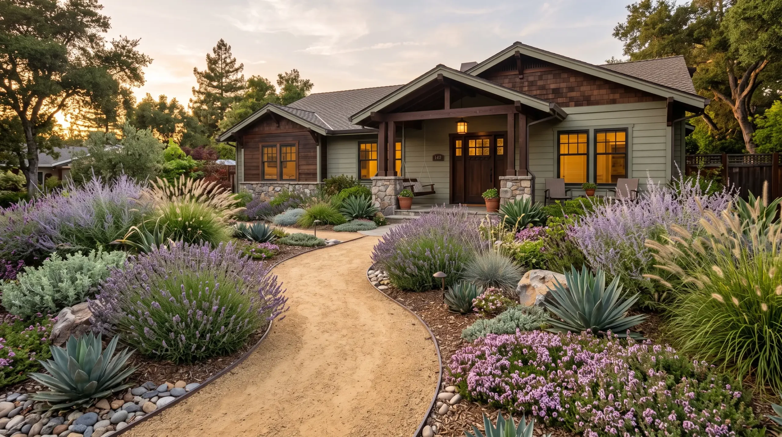 17 Lush Grass Free Front Yard Ideas Landscape Designers Use to Create a Beautiful, Low-Maintenance Yard 5 Lush grass free front yard with lavender, ornamental grasses, and decomposed granite pathway in warm golden light