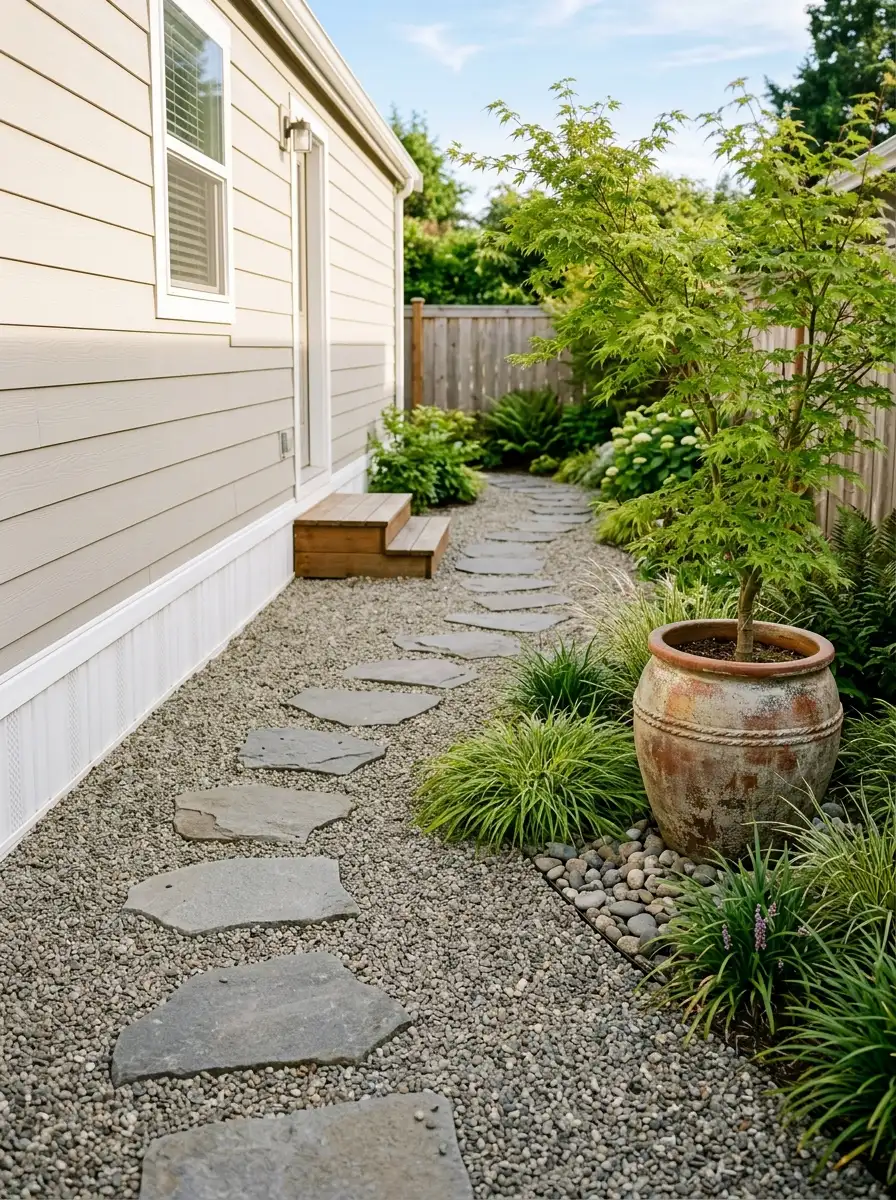Pea gravel ground cover with flat stepping stones and ornamental grasses in a mobile home side yard in bright afternoon light