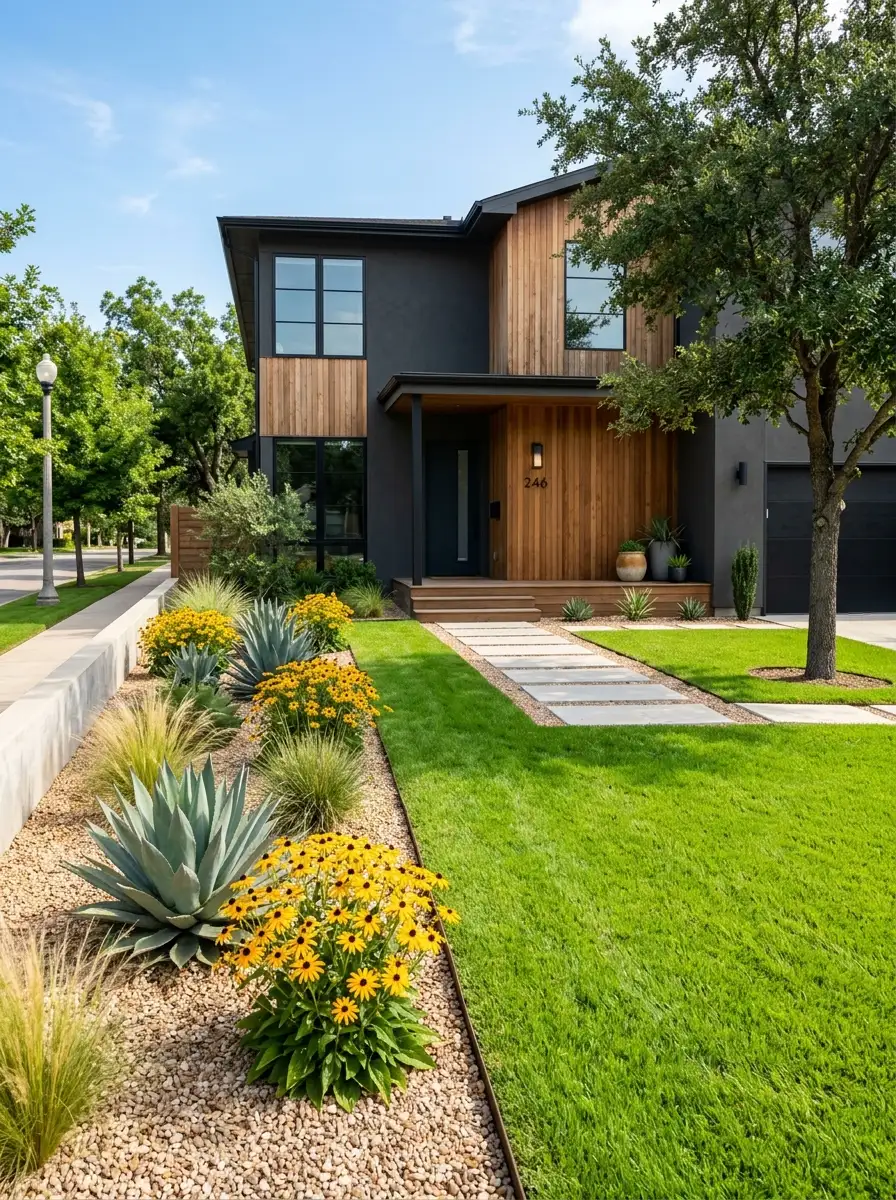 Modern front yard design with one-third gravel zone featuring agave and ornamental grasses beside two-thirds green lawn