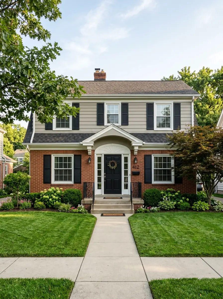 Red brick house exterior with greige siding, matte black shutters, black front door, and white trim delivering sophisticated curb appeal