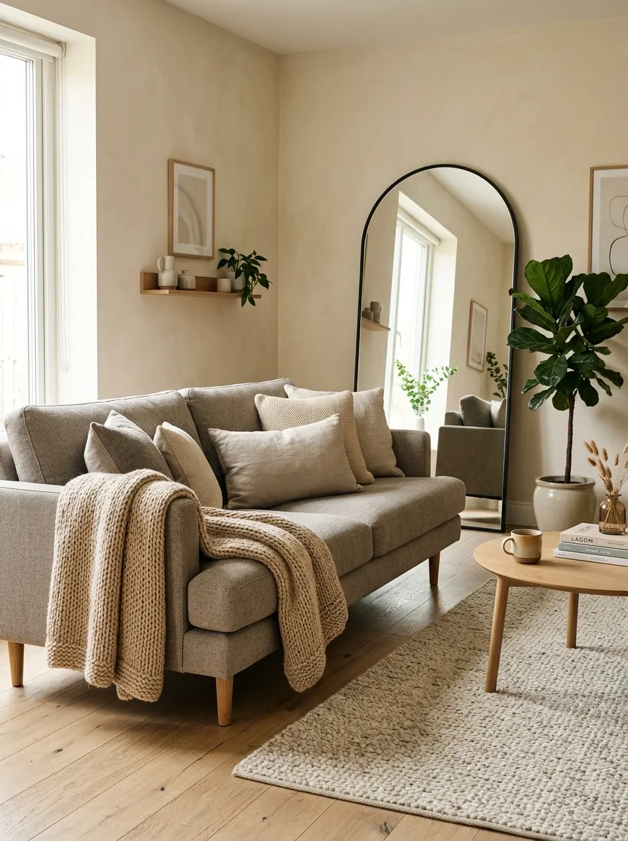 Mid-tone greige sofa with stone cushions reflecting color psychology for living rooms through calm Scandinavian-influenced balance
