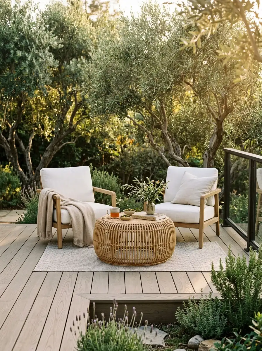 White oak deck finished in warm greige stain for a serene, designer-curated look among the best outdoor deck staining ideas
