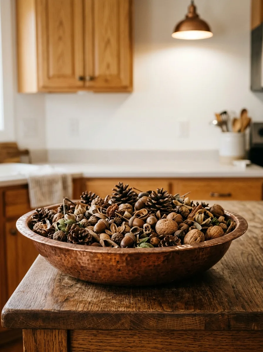 Shallow hammered copper bowl filled with pinecones, acorns, walnuts, and dried seed pods on wooden kitchen counter for autumn kitchen decor