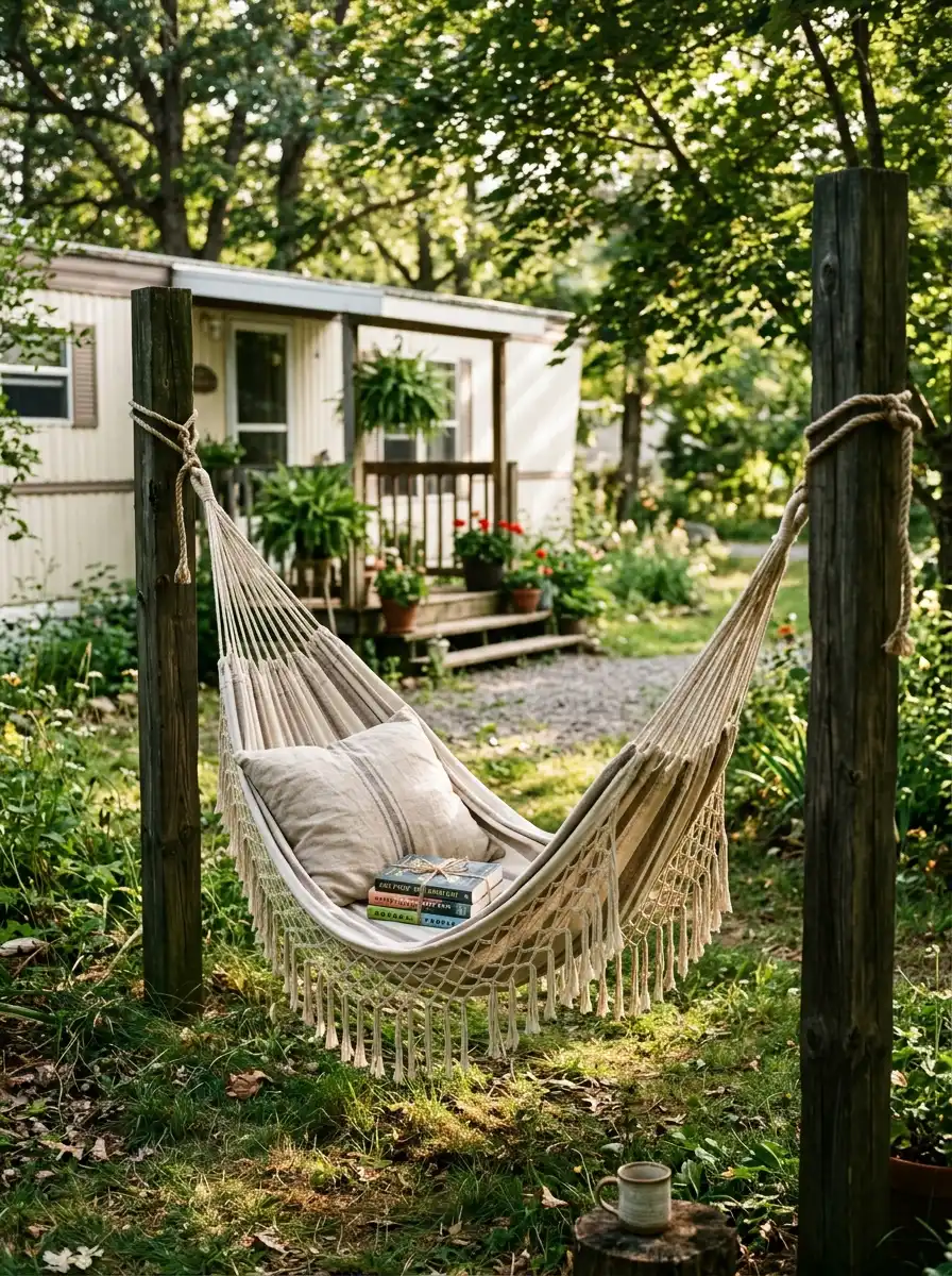 Cream cotton hammock strung between two wooden posts in a mobile home side yard with dappled sunlight and a linen pillow inside