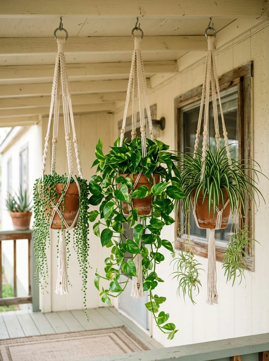 Three boho macramé plant hangers with pothos and succulents suspended from a mobile home porch ceiling in soft diffused light