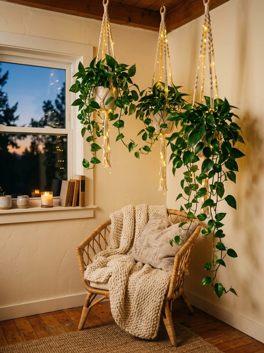 The 20 Houseplant Corners We Keep Coming Back to for Real Inspiration 2 Cozy indoor plant corner with trailing pothos in macrame hangers and warm fairy string lights glowing at dusk