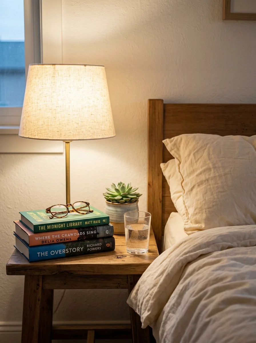 Stacked hardcover books on a bedside table with a reading lamp in a bedroom capturing the Nancy Meyers home aesthetic personality