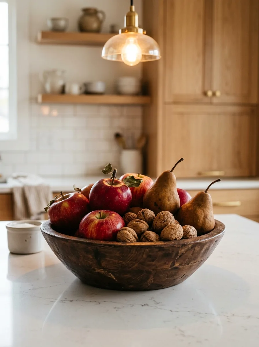 Wooden bowl filled with deep red apples, bosc pears, and walnuts on kitchen counter as a simple cozy kitchen decor for fall idea