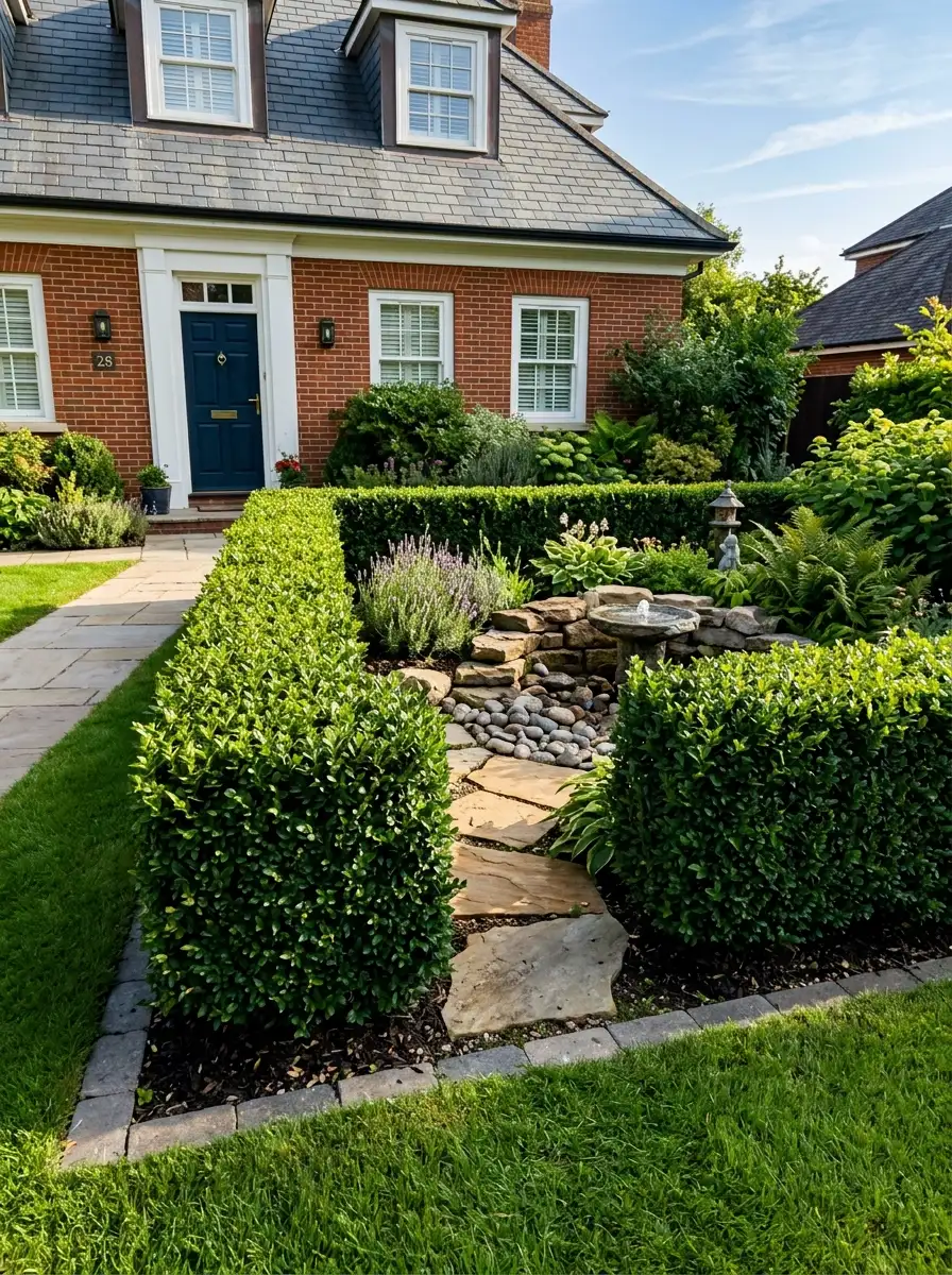Front yard hedgerow with intentional gap dividing its length into golden ratio proportions beside green lawn