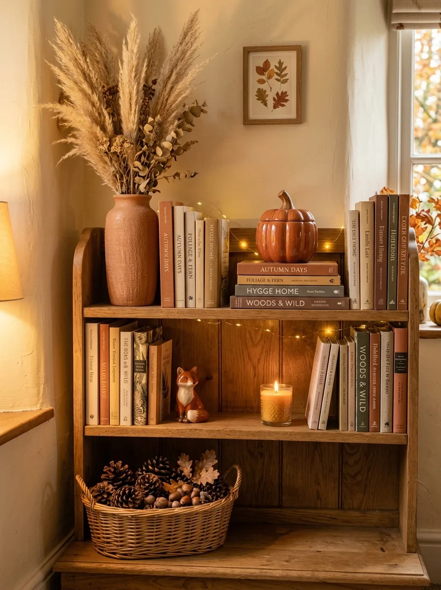 Why Fall Décor Hits Different: 17 Principles You Never Knew You Needed 4 Autumn bookshelf styled with tall dried pampas grass, stacked books with pumpkin, and low pine cone basket for fall décor height variation