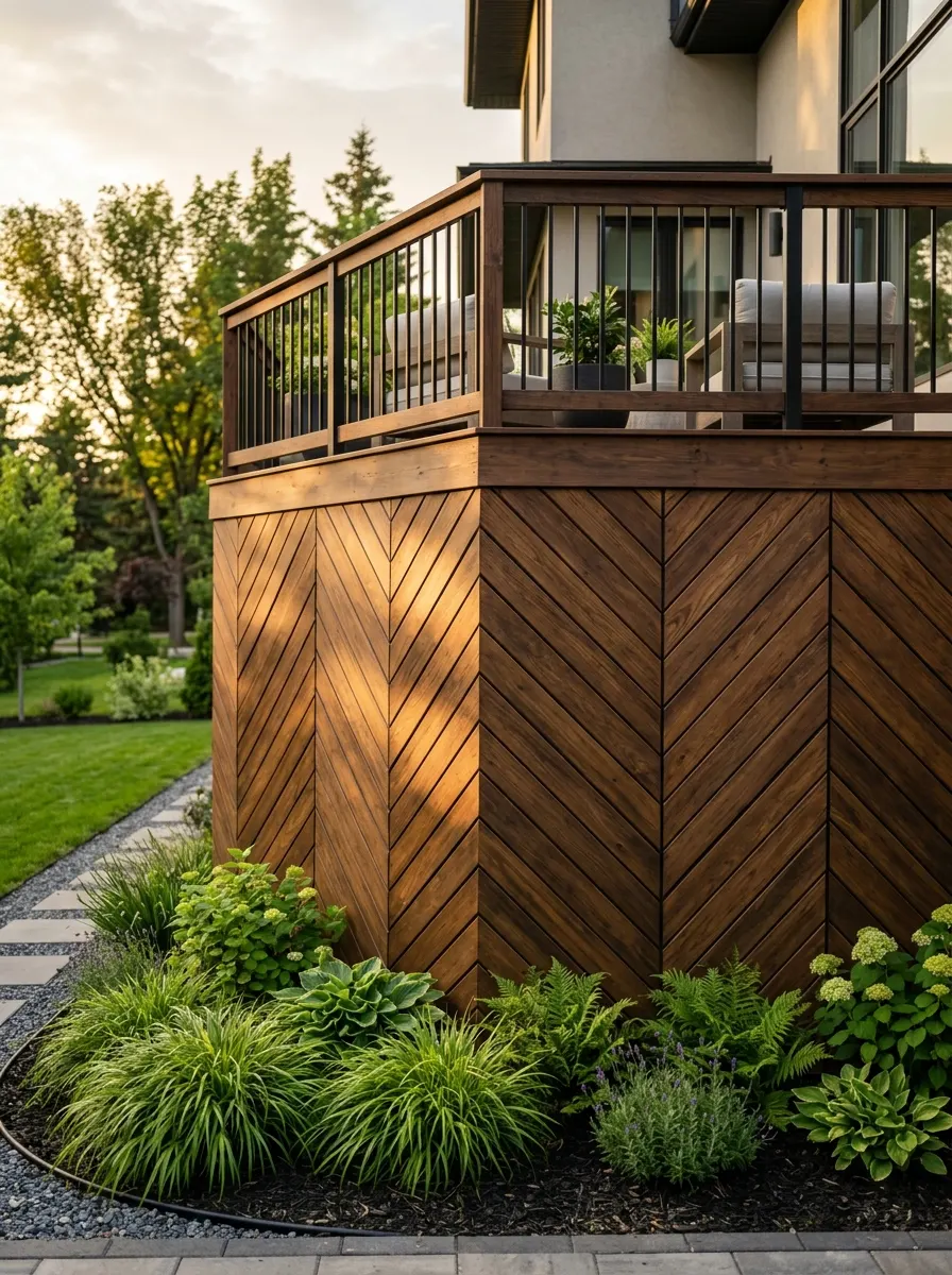 Herringbone pattern walnut-stained wood deck skirting with crisp diagonal seams in a clean modern backyard with green plants