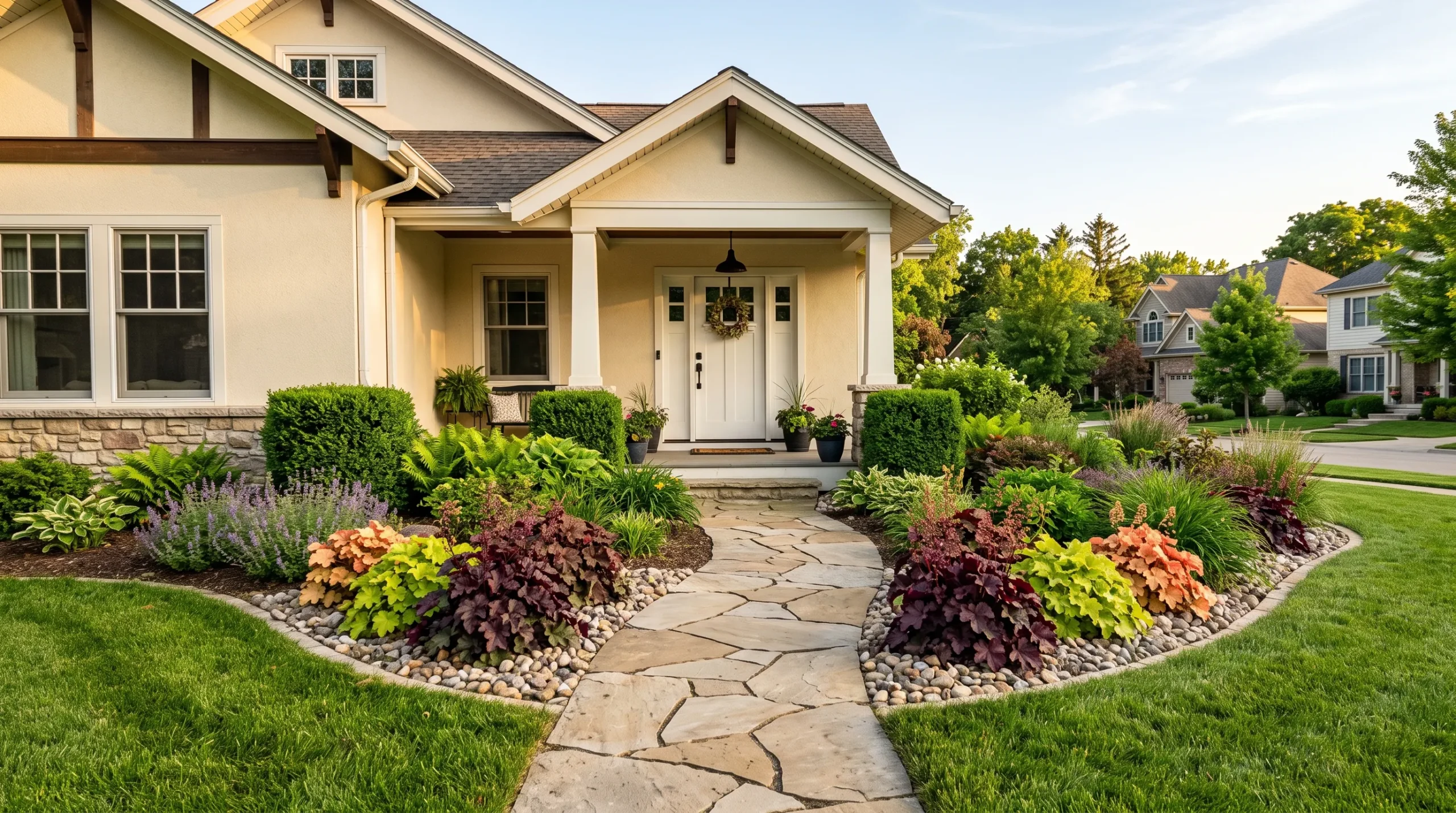 Heuchera front yard featuring burgundy, peach, and lime green coral bells lining a curved flagstone path to a white craftsman home