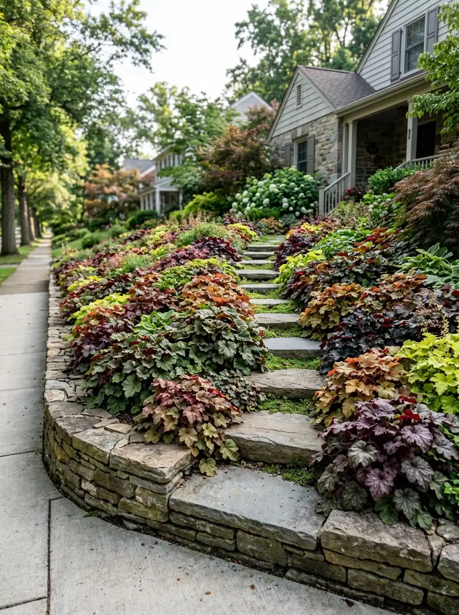 Mixed green bronze and burgundy heuchera front yard mass planting used as groundcover on a slope with stepping stone path and stone retaining wall