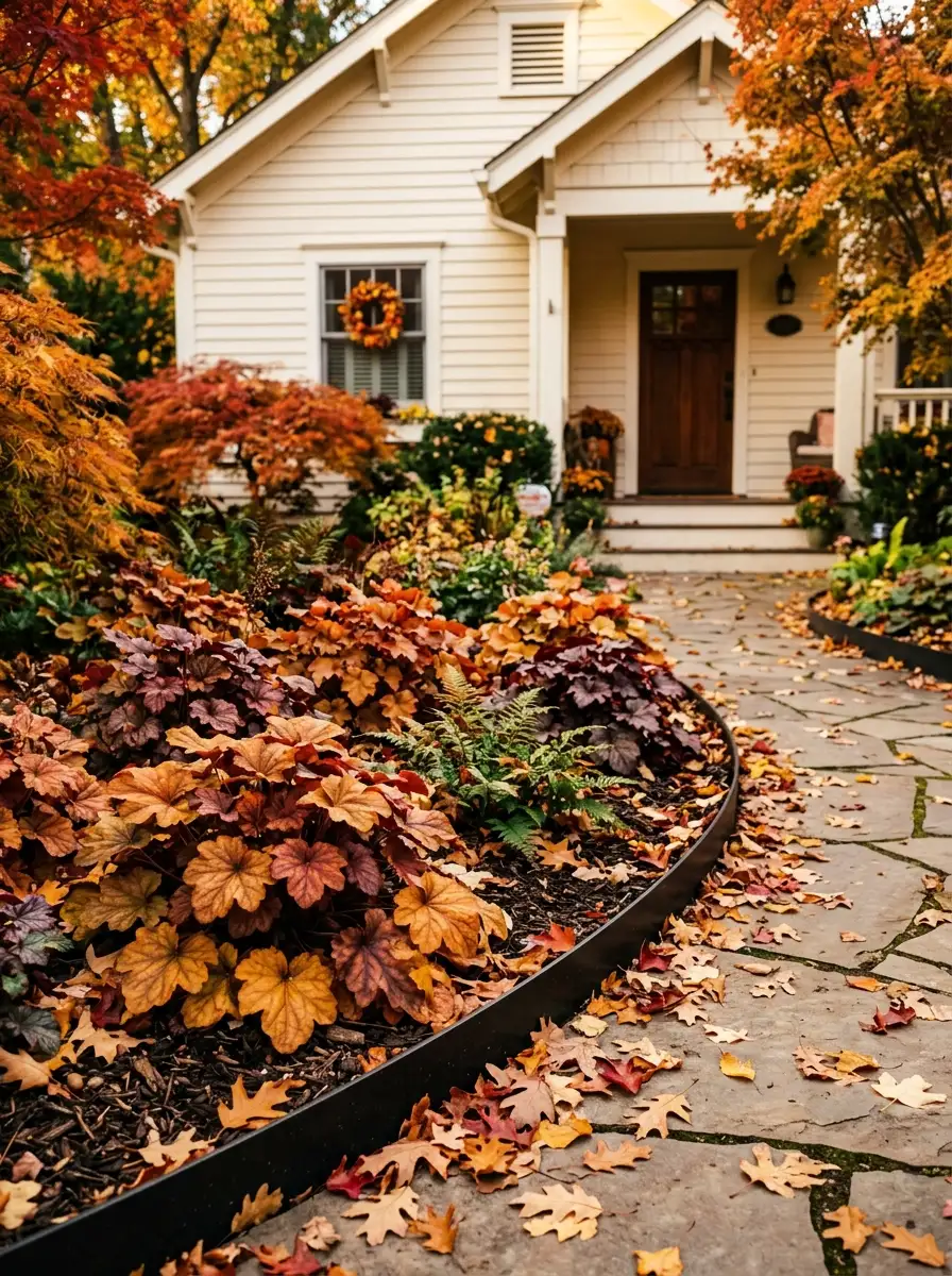 Front yard heuchera ideas with amber burgundy and burnt orange coral bells in peak fall color with warm autumn light and black steel edging