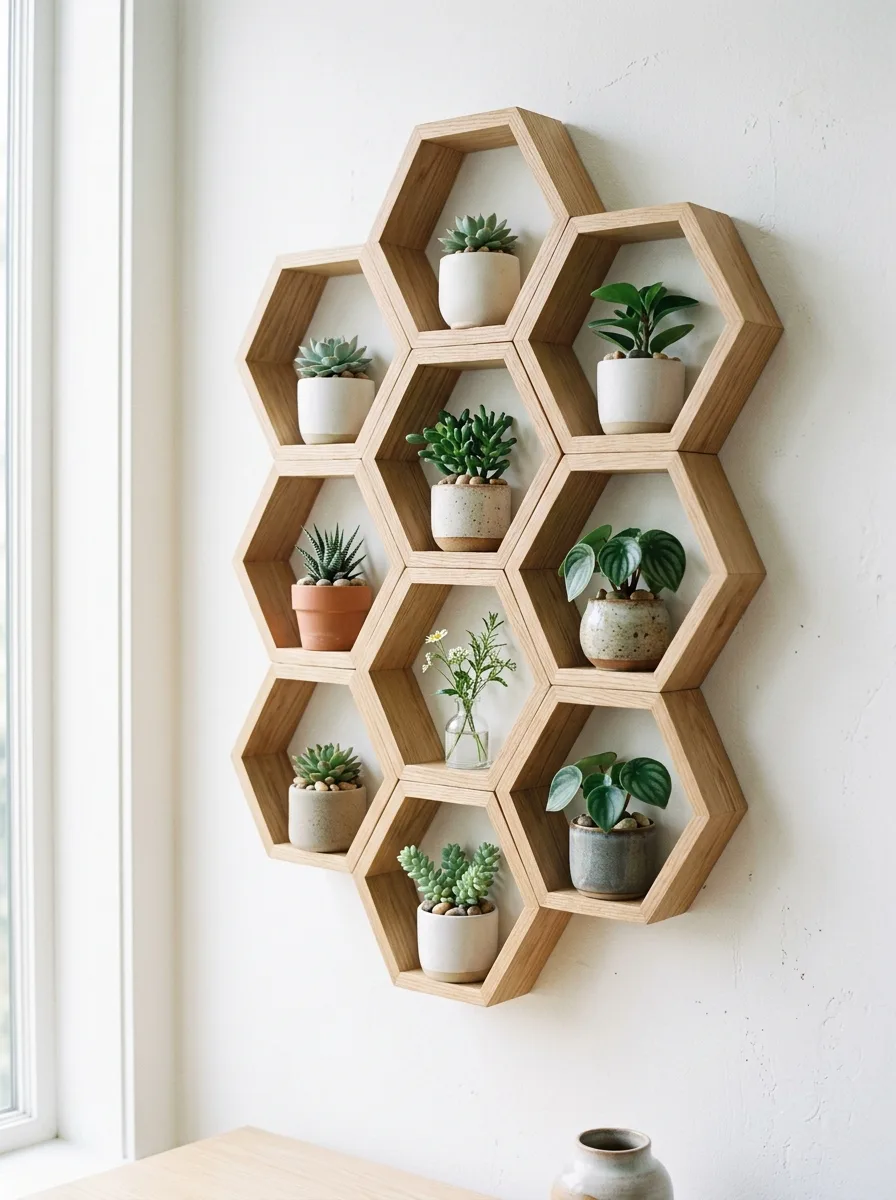 The 20 Houseplant Corners We Keep Coming Back to for Real Inspiration 4 White wall hexagon shelves displaying small succulents and peperomia in tiny ceramic pots as a gallery-style plant corner display