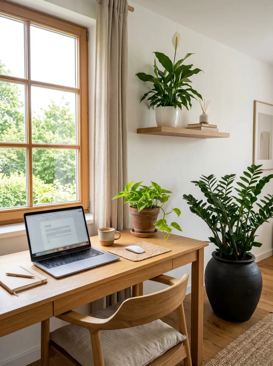 The 20 Houseplant Corners We Keep Coming Back to for Real Inspiration 20 Calm home office houseplant corner with large ZZ plant beside desk, trailing pothos on desk, peace lily on floating wall shelf, warm window light