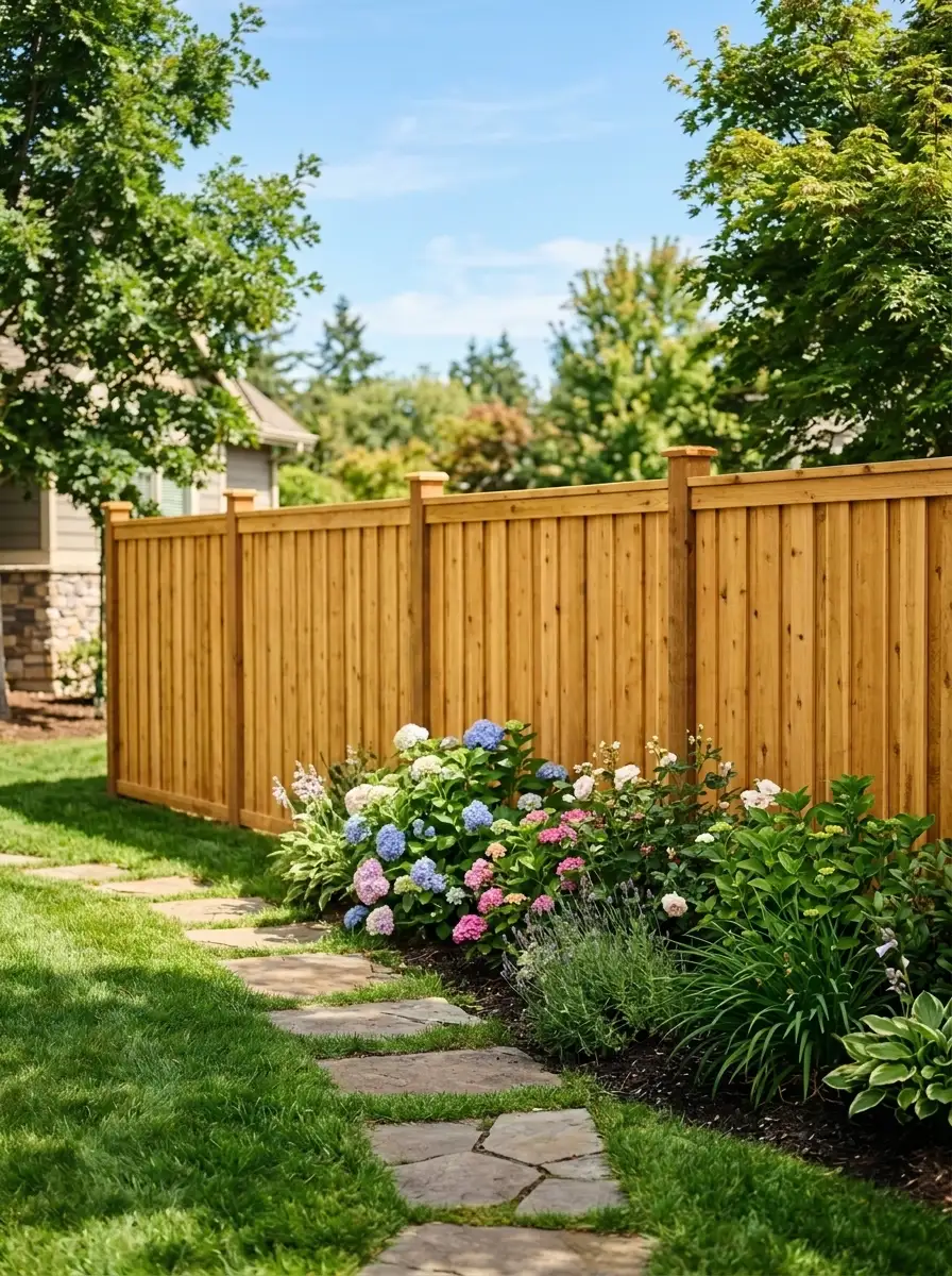 19 Smart Fence Wood Choice Ideas Comparing Cedar, Redwood, Pine, and Ipe for Beauty, Durability, and Long-Term Value 19 Confident homeowner standing before a completed golden cedar privacy fence in a sunny suburban backyard with flowering shrubs and green lawn
