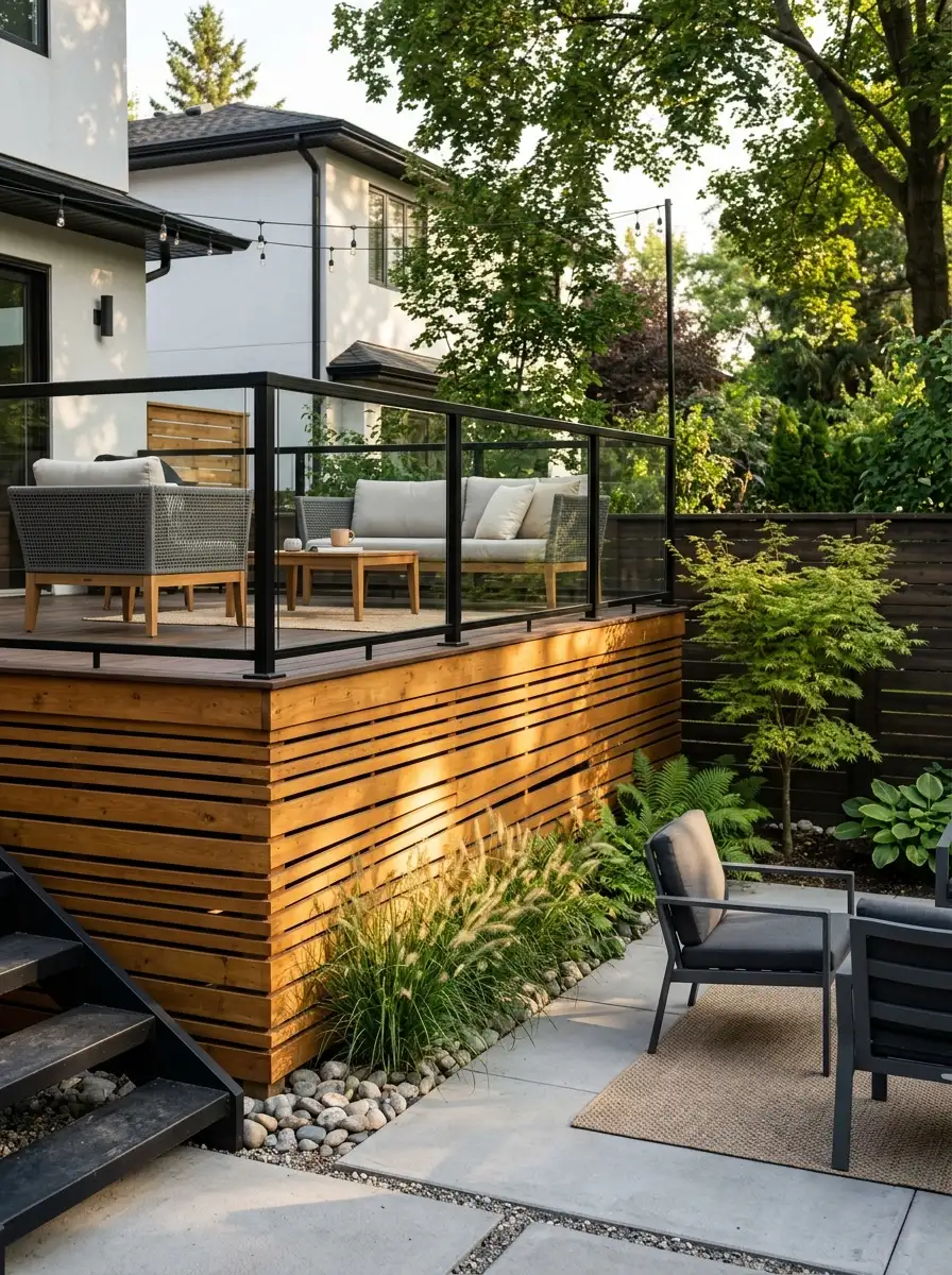 Horizontal cedar wood slat skirting beneath a modern deck with warm brown stain and even spacing in a backyard
