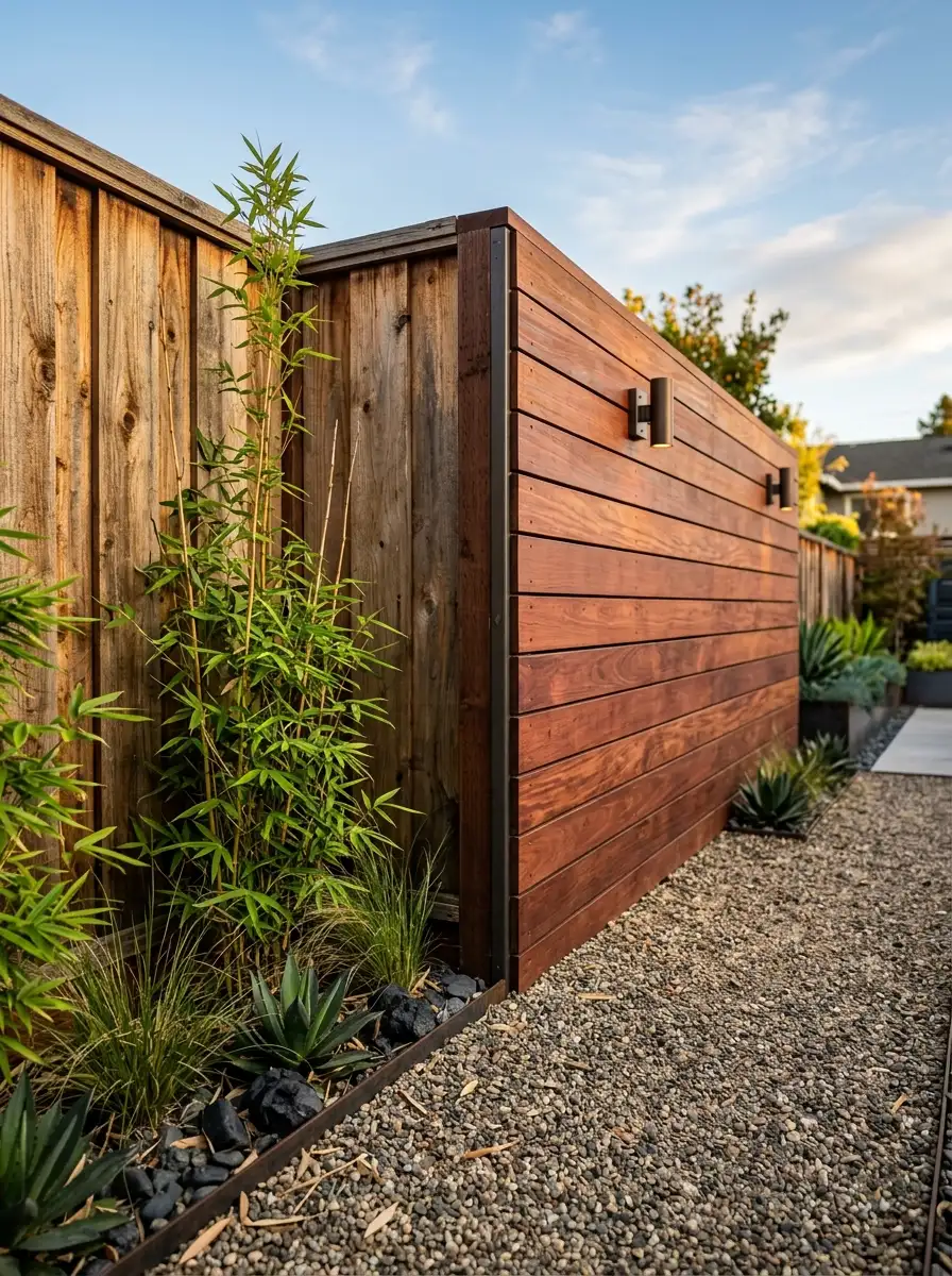19 Smart Fence Wood Choice Ideas Comparing Cedar, Redwood, Pine, and Ipe for Beauty, Durability, and Long-Term Value 12 Modern backyard showing vertical cedar fence boards meeting horizontal redwood planks at a corner with bamboo and wall lights