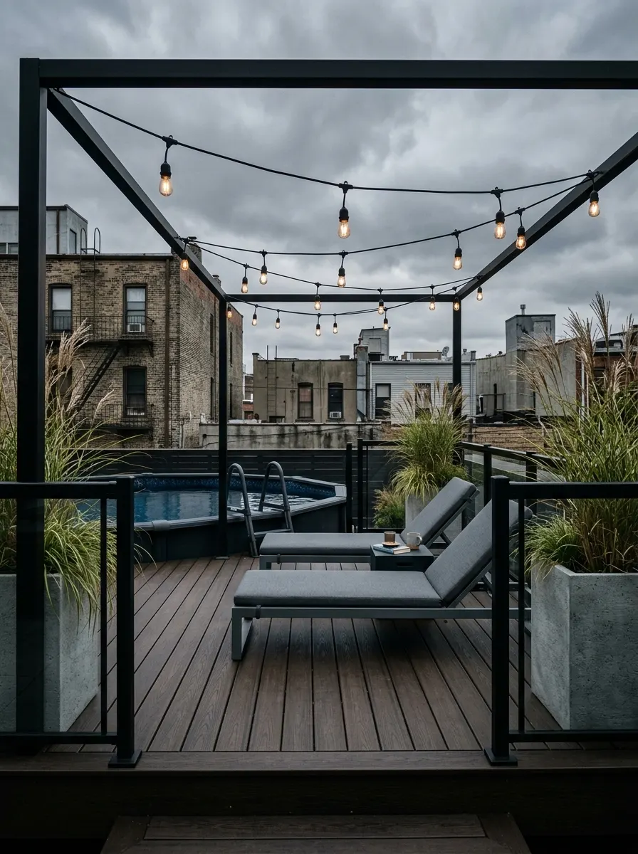 21 Amazing Above Ground Pool Deck Ideas That Go Beyond the Basic Deck With Style, Comfort, and Function 16 Dark composite above ground pool deck with black powder-coated metal railings, concrete planters, ornamental grasses, and Edison bulb lights