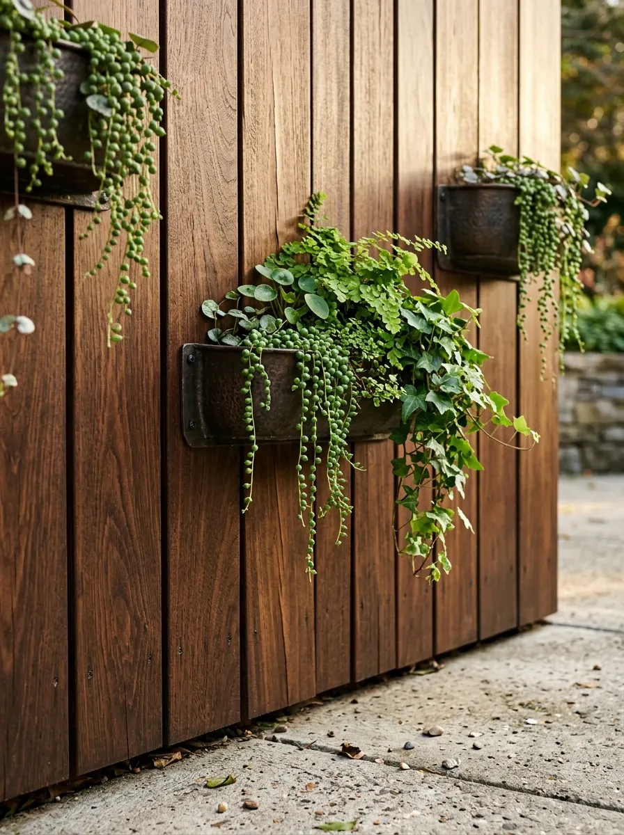 19 Smart Fence Wood Choice Ideas Comparing Cedar, Redwood, Pine, and Ipe for Beauty, Durability, and Long-Term Value 9 Close-up of dense ipe hardwood fence panel showing fine chocolate-brown grain with trailing botanical wall planters and concrete paving