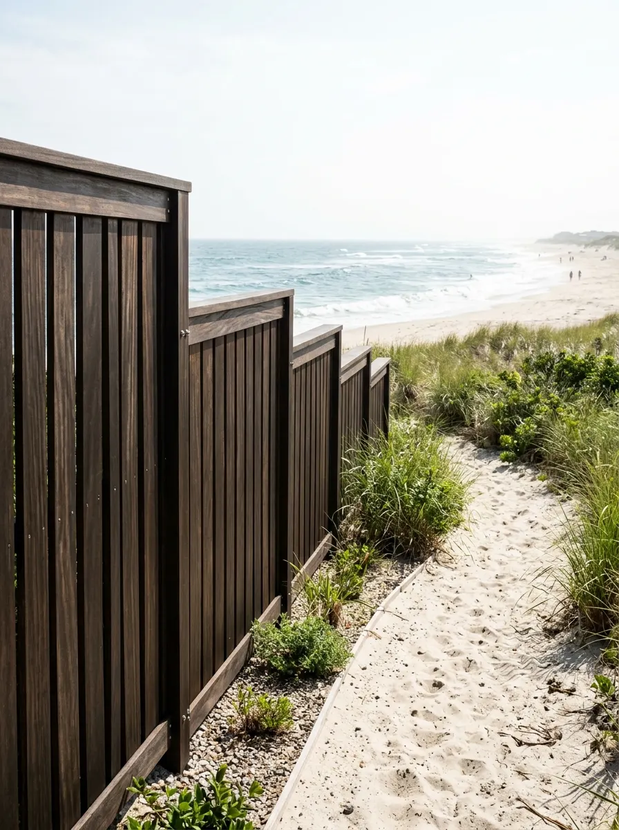 19 Smart Fence Wood Choice Ideas Comparing Cedar, Redwood, Pine, and Ipe for Beauty, Durability, and Long-Term Value 15 Sleek espresso-brown ipe hardwood fence along a beachfront property with sandy path, sea grass, and bright coastal sunlight