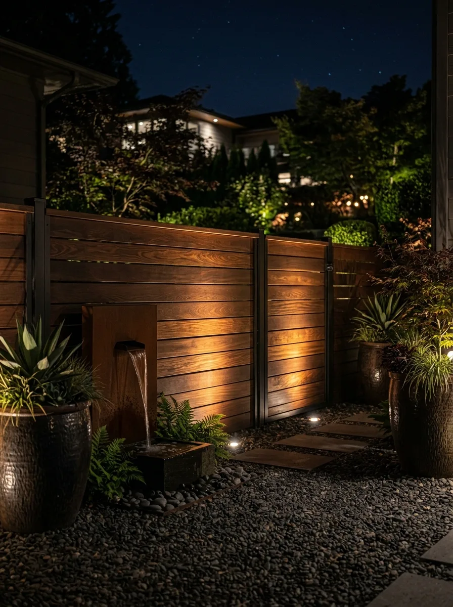 19 Smart Fence Wood Choice Ideas Comparing Cedar, Redwood, Pine, and Ipe for Beauty, Durability, and Long-Term Value 8 Luxury ipe hardwood fence with wide horizontal slats in deep espresso brown under warm outdoor uplighting beside ceramic planters