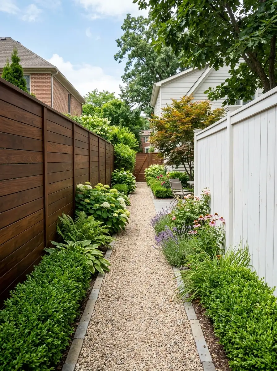 19 Smart Fence Wood Choice Ideas Comparing Cedar, Redwood, Pine, and Ipe for Beauty, Durability, and Long-Term Value 11 Side-by-side comparison of dark ipe hardwood fence and painted white pine fence in a neat suburban garden with boxwood hedges