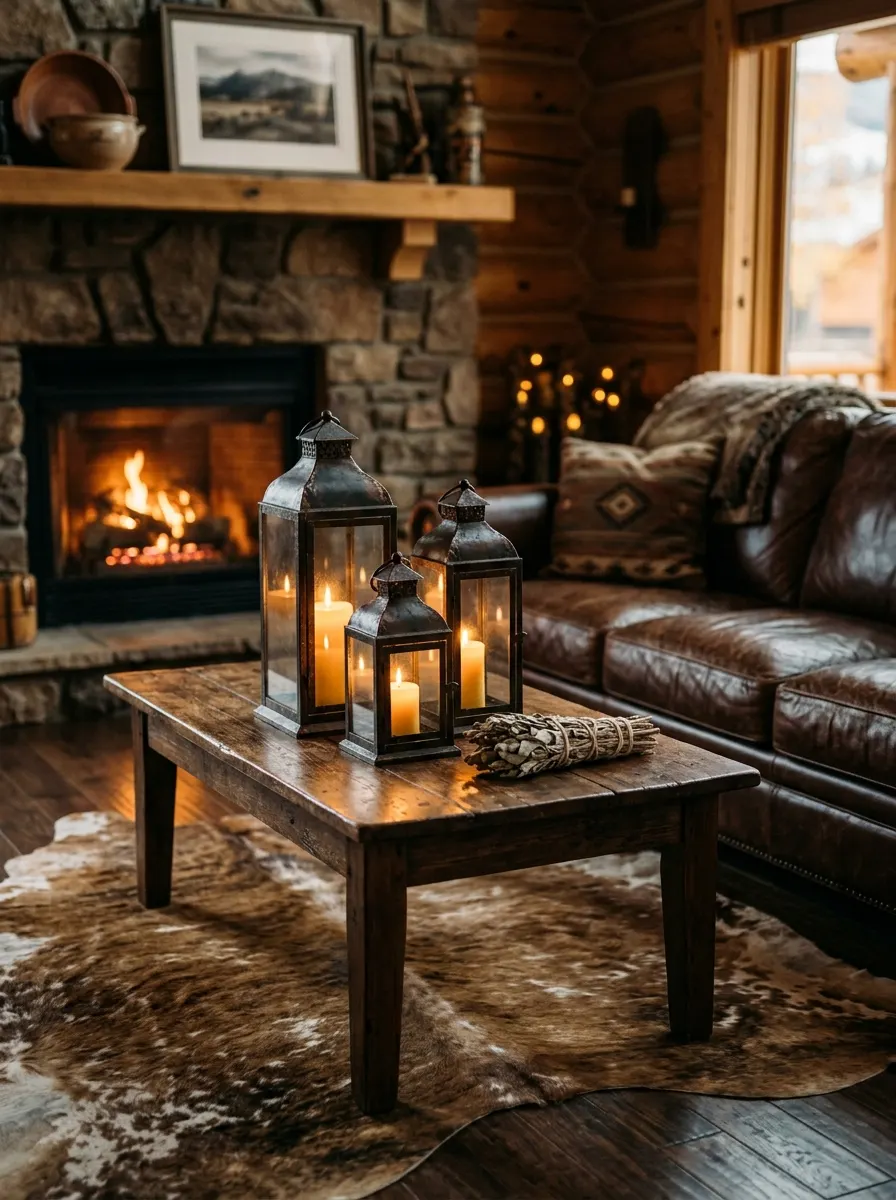 Western home decor coffee table with cluster of three iron lanterns at varying heights with pillar candles, cowhide rug, dark leather sofa in warm evening candlelight