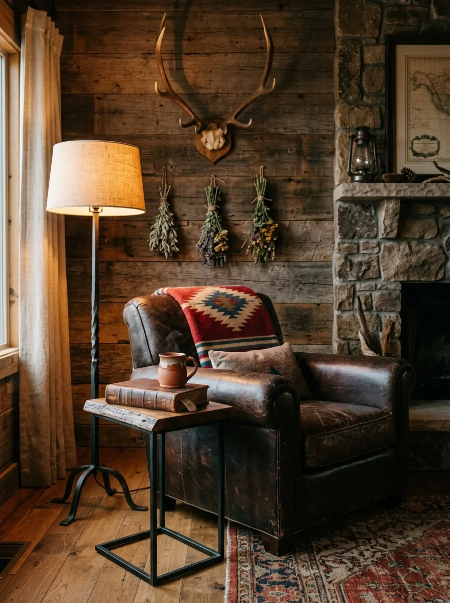 Ranch style western home decor corner with iron floor lamp, antler wall mounts with dried sage, leather armchair, and iron side table in warm amber light