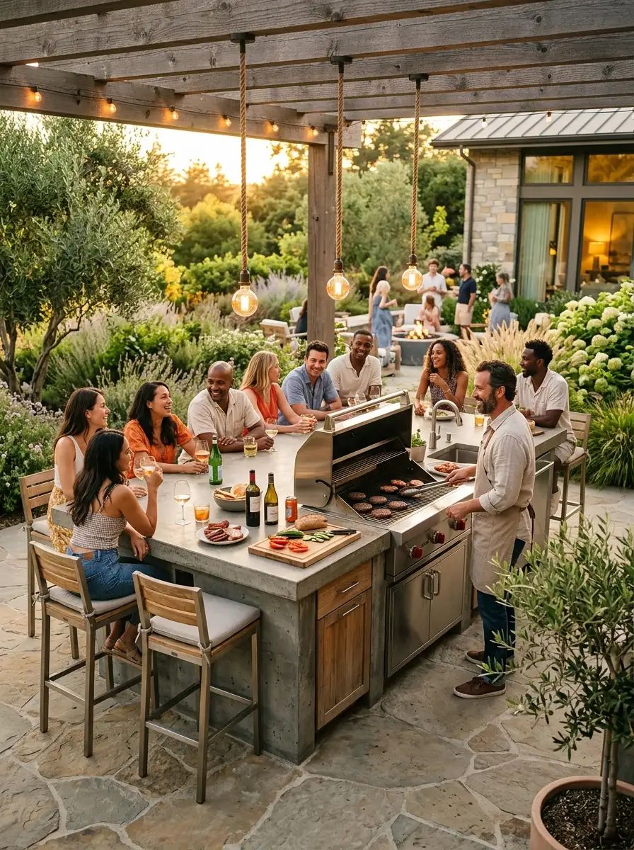 Concrete outdoor kitchen island with built-in grill, bar seating on three sides, pendant lights, natural stone tile, golden hour garden setting