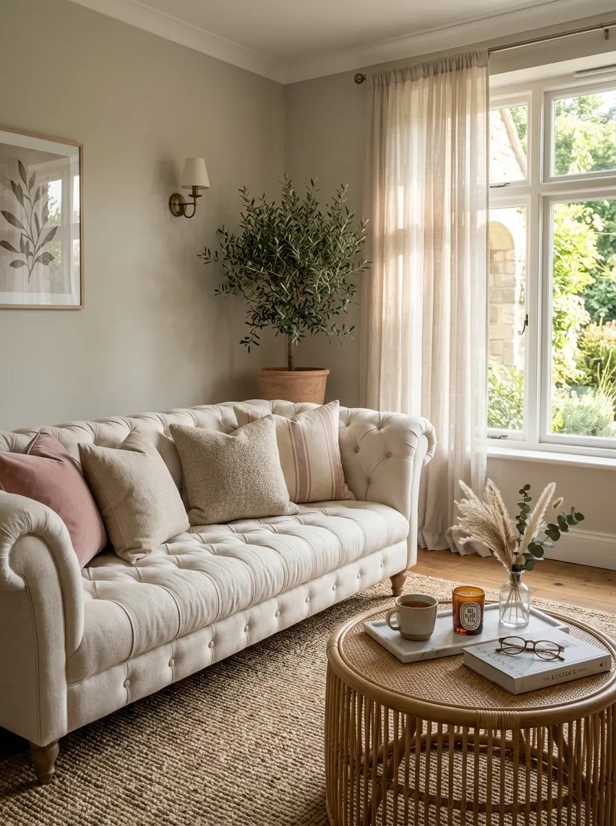 Tufted ivory sofa with dusty pink cushions demonstrating sofa color meaning and quiet luxury in warm afternoon living room light