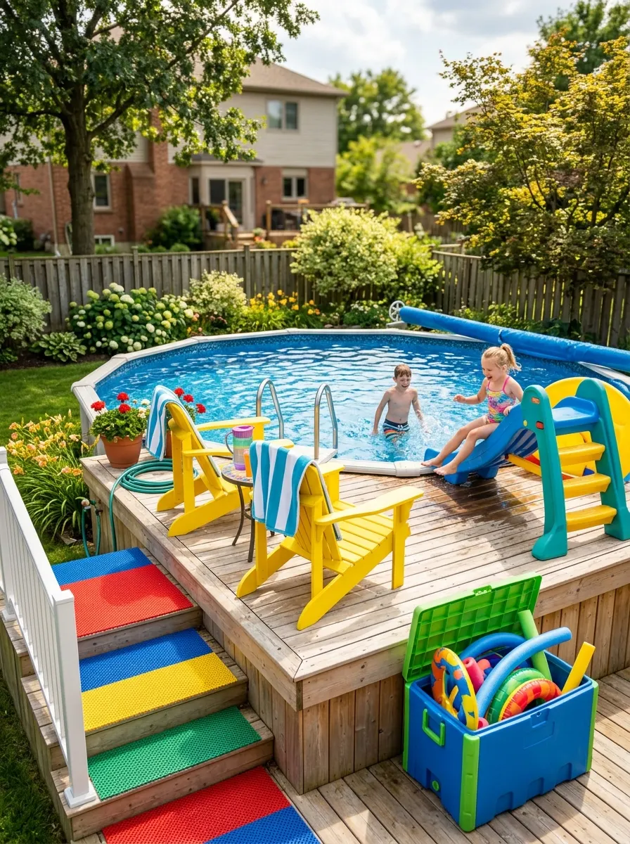 21 Amazing Above Ground Pool Deck Ideas That Go Beyond the Basic Deck With Style, Comfort, and Function 17 Kid-friendly above ground pool deck with small slide, rubber safety mats, yellow chairs, and colorful pool toy storage in sunny backyard