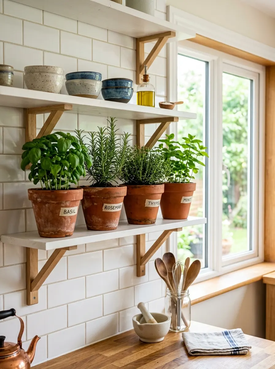 The 20 Houseplant Corners We Keep Coming Back to for Real Inspiration 14 Bright kitchen houseplant corner with open shelves, terracotta herb pots of basil, rosemary, thyme, mint, white subway tile backsplash