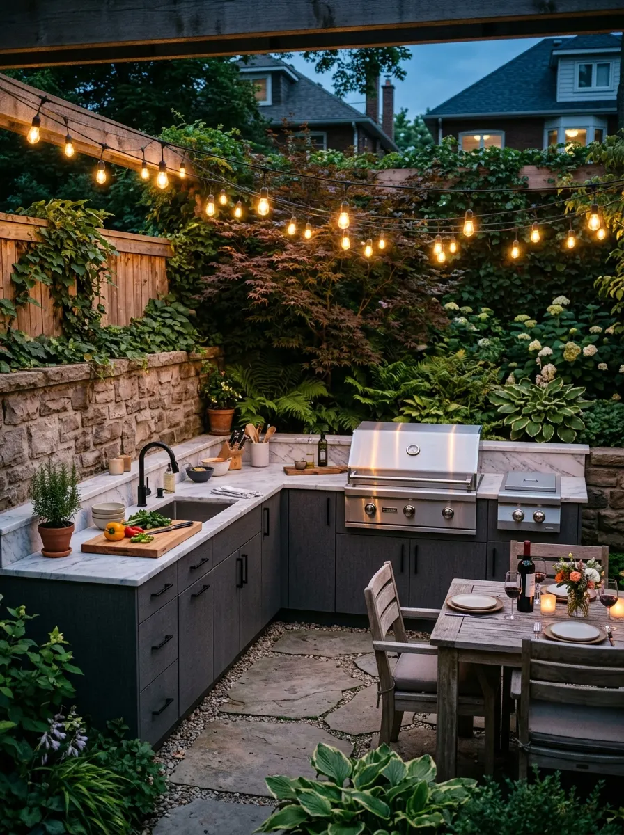 L-shaped outdoor kitchen with charcoal cabinetry, built-in grill, marble countertop, and string lights in blue-hour backyard corner