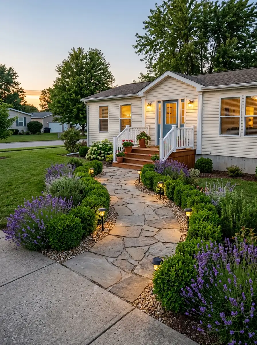 Curved stone pathway with boxwood hedges, lavender, and solar path lights leading to mobile home front door for welcoming curb appeal