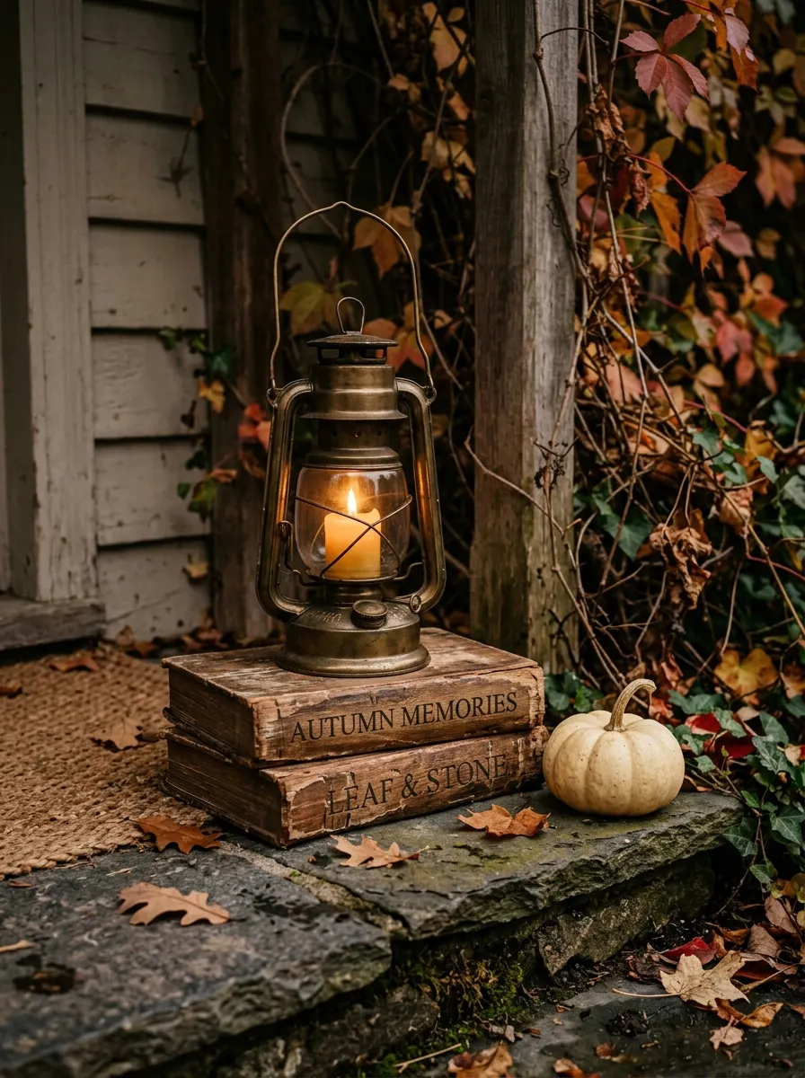 Brass lantern on a stack of weathered books with a cream pumpkin beside it as small porch fall decor detail