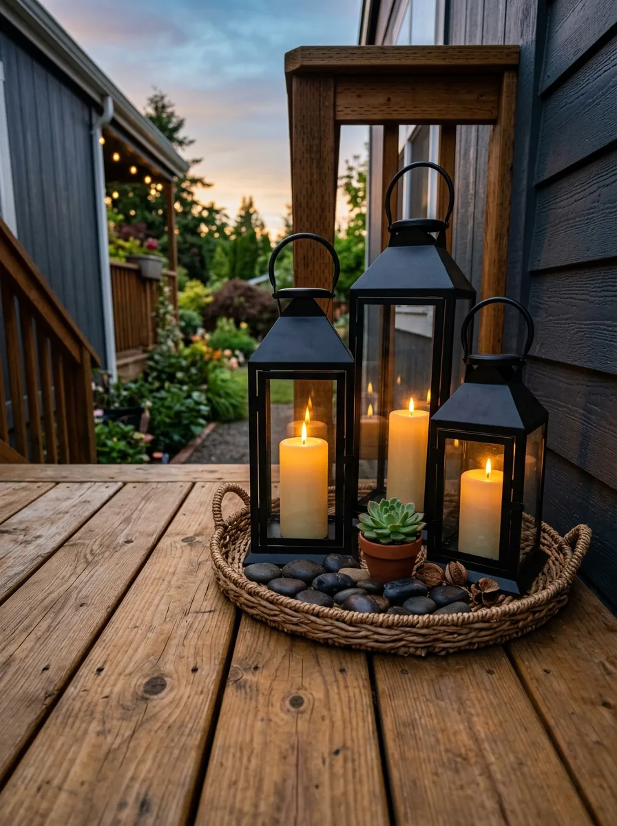 Three black metal lanterns with glowing pillar candles and river stones on a woven tray in a mobile home deck corner at dusk