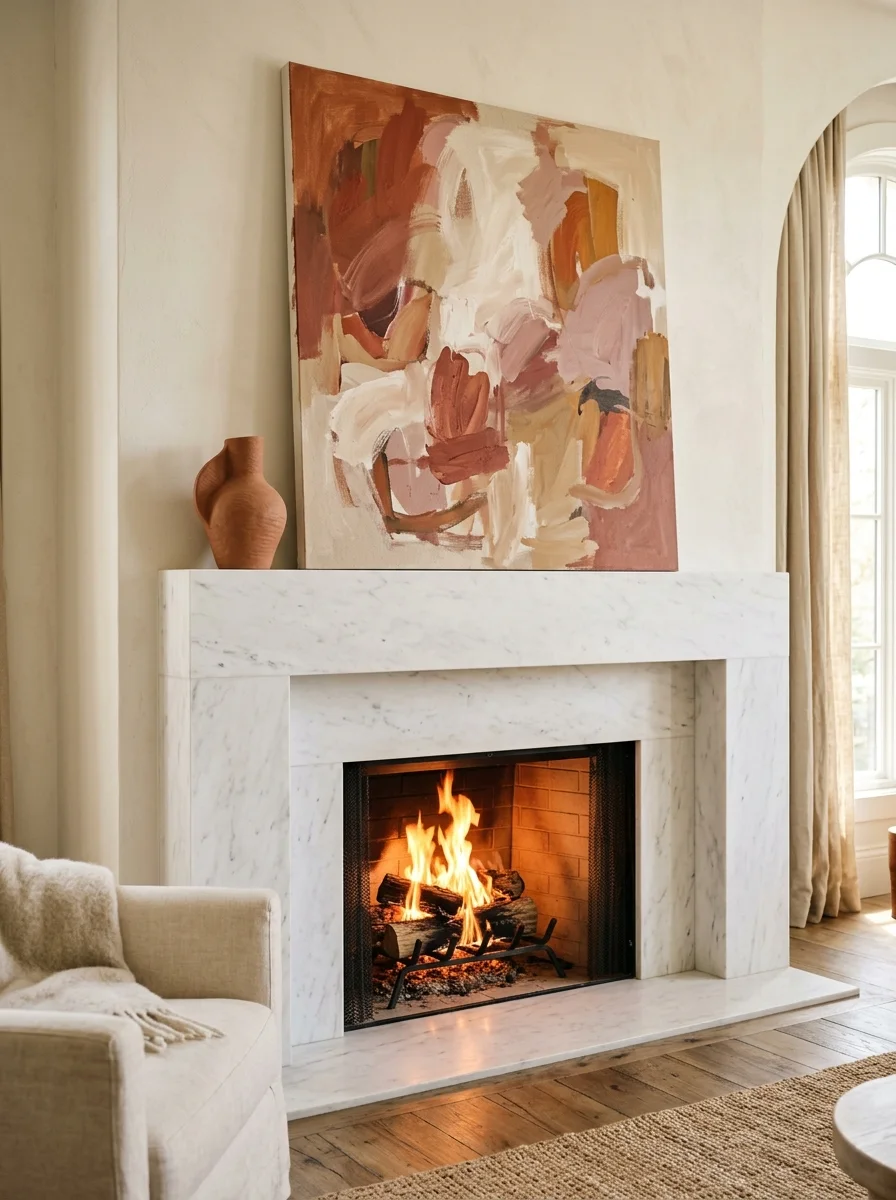 20 Fireplace Design Ideas Built Around the Three Pillars of Color, Space, and Flame 19 Fireplace decor with large abstract canvas leaning above white marble mantel, warm terracotta tones, and active flame in a gallery-style living room