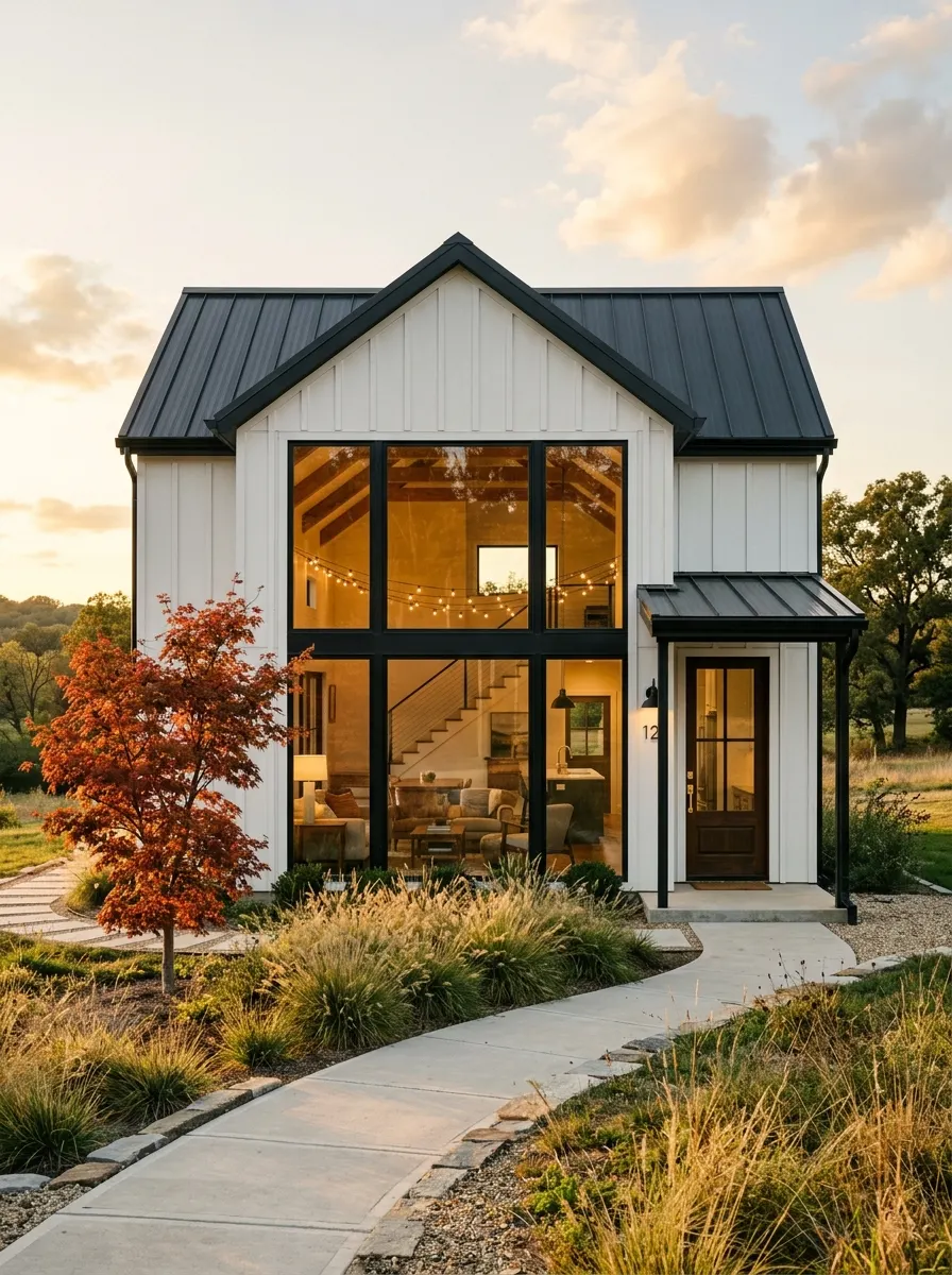 19 Stunning Small Barndominium Exterior Ideas That Prove Simple Barn House Designs Can Make a Big Impact 16 Modern small barndominium exterior with oversized black-framed floor-to-ceiling windows, white vertical board siding, and ornamental grass landscaping in afternoon light