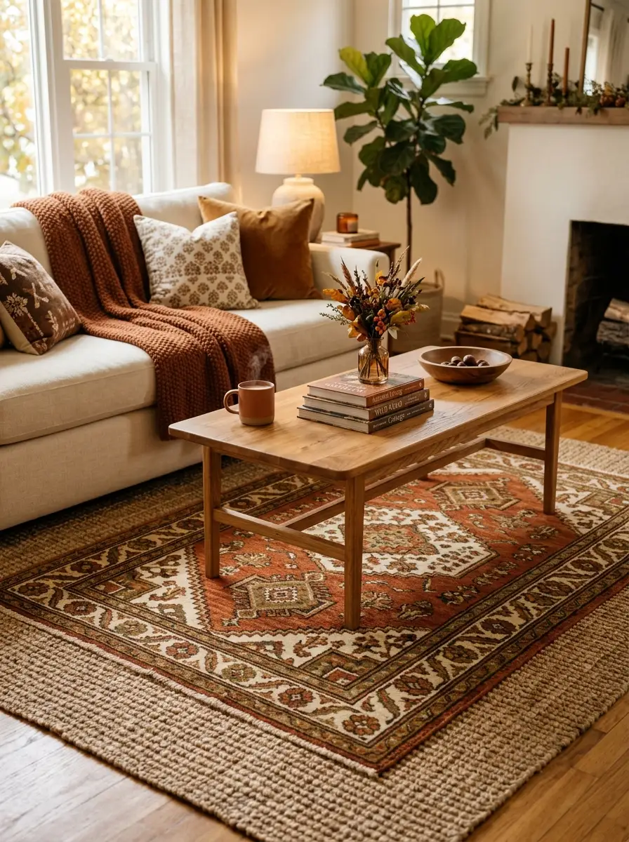 Natural jute rug layered with a rust and cream patterned wool rug under a coffee table for fall living room decor depth